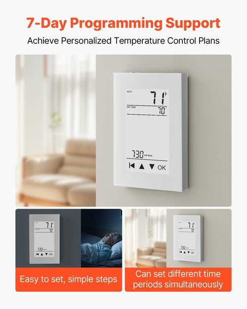 7-Day Programmable Thermostat, Home Thermostats For Radiant Underfloor Heating Cable, Heat Pump, With GFCI & Sensitive Sensor, LCD Touchscreen, Energy-Efficient, Gray-White  (Without Wifi)
