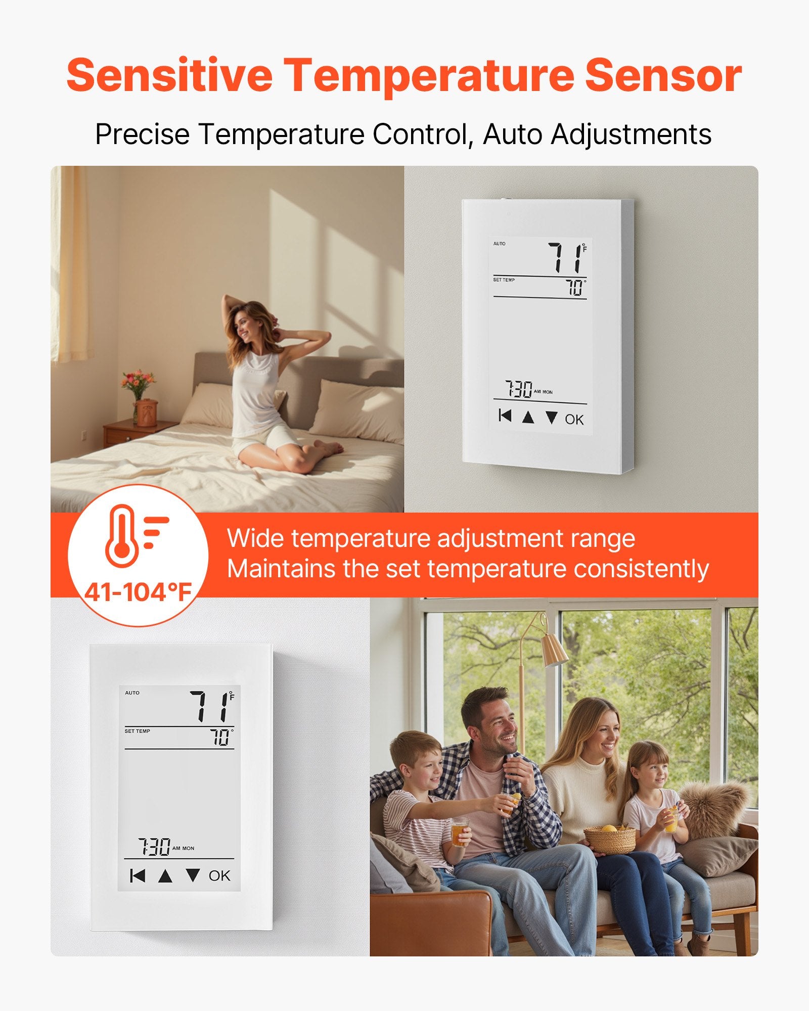7-Day Programmable Thermostat, Home Thermostats For Radiant Underfloor Heating Cable, Heat Pump, With GFCI & Sensitive Sensor, LCD Touchscreen, Energy-Efficient, Gray-White  (Without Wifi)